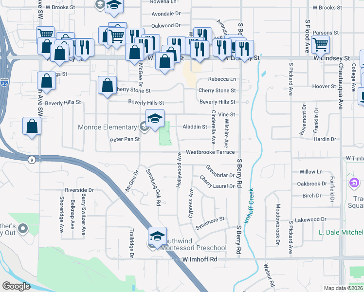 map of restaurants, bars, coffee shops, grocery stores, and more near 1711 Hollywood Avenue in Norman