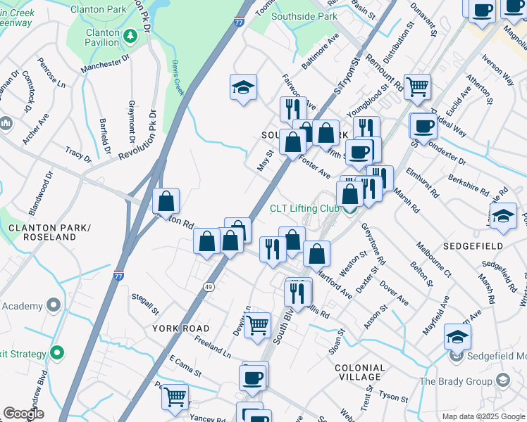 map of restaurants, bars, coffee shops, grocery stores, and more near 3251 South Tryon Street in Charlotte