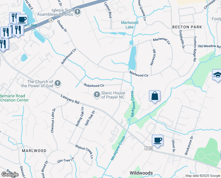 map of restaurants, bars, coffee shops, grocery stores, and more near 1240 Robinhood Circle in Charlotte