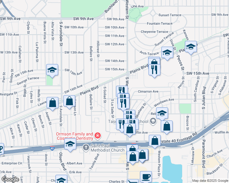 map of restaurants, bars, coffee shops, grocery stores, and more near 1619 South La Salle Street in Amarillo