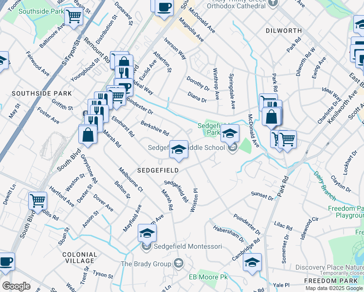 map of restaurants, bars, coffee shops, grocery stores, and more near 537 Elmhurst Rd in Charlotte
