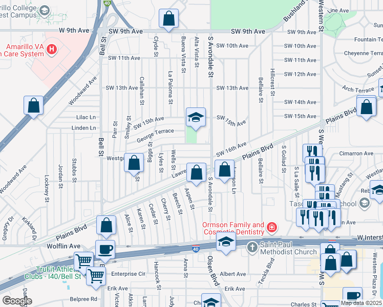 map of restaurants, bars, coffee shops, grocery stores, and more near 5114 Southwest 16th Avenue in Amarillo