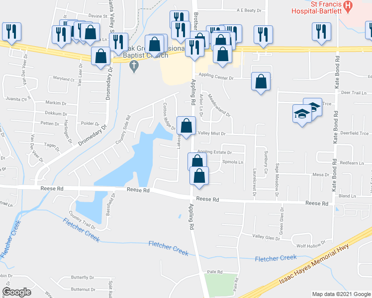 map of restaurants, bars, coffee shops, grocery stores, and more near 2645 Appling Road in Memphis
