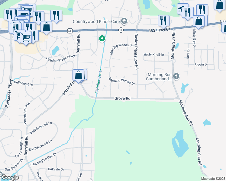 map of restaurants, bars, coffee shops, grocery stores, and more near 2638 Morning Grove Drive in Memphis
