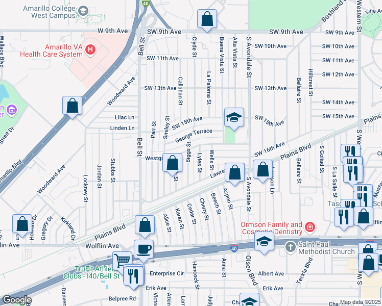 map of restaurants, bars, coffee shops, grocery stores, and more near 5305 Westgate Dr in Amarillo