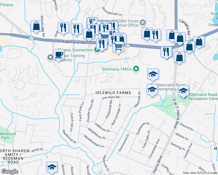 map of restaurants, bars, coffee shops, grocery stores, and more near 7327 Riding Trail Road in Charlotte