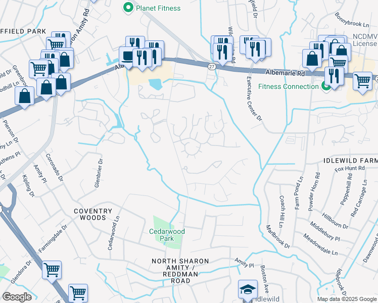 map of restaurants, bars, coffee shops, grocery stores, and more near 6146 Winged Elm Court in Charlotte