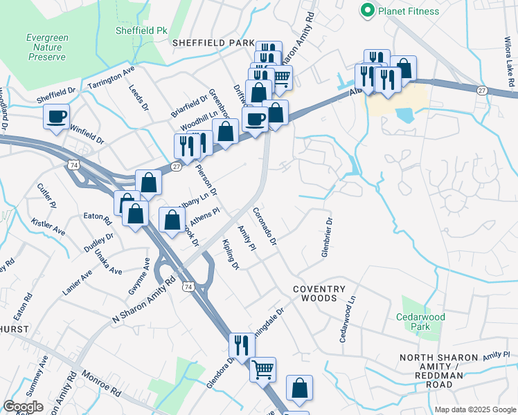 map of restaurants, bars, coffee shops, grocery stores, and more near in Charlotte