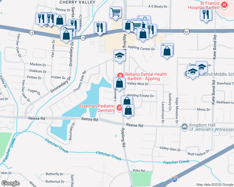 map of restaurants, bars, coffee shops, grocery stores, and more near 2645 Appling Road in Memphis