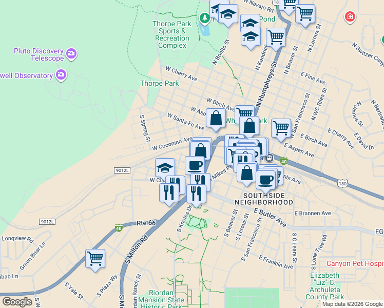map of restaurants, bars, coffee shops, grocery stores, and more near 101 South Park Street in Flagstaff