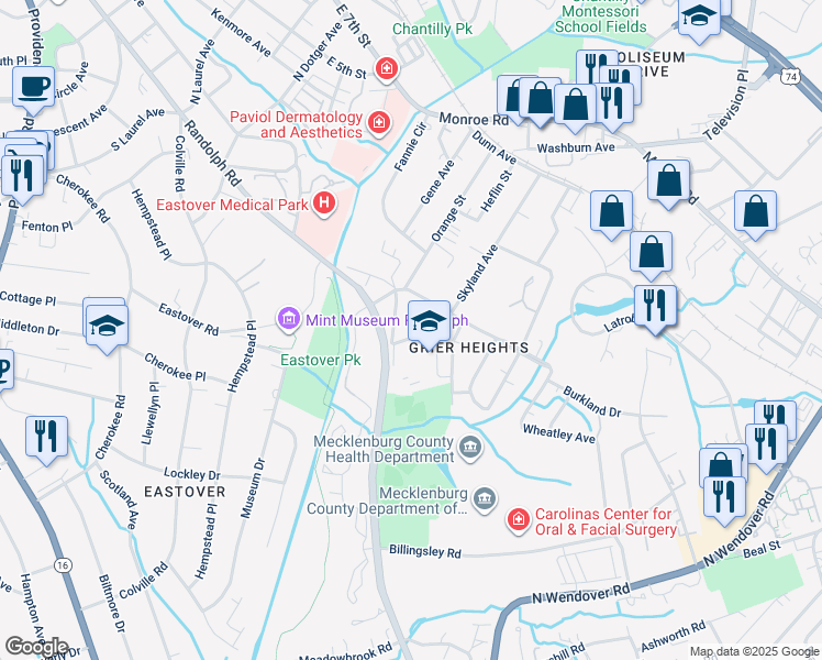 map of restaurants, bars, coffee shops, grocery stores, and more near 117 Skyland Avenue in Charlotte