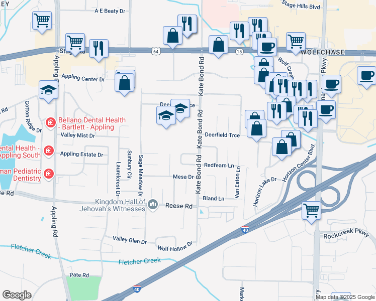map of restaurants, bars, coffee shops, grocery stores, and more near 7778 Redfearn Circle South in Memphis