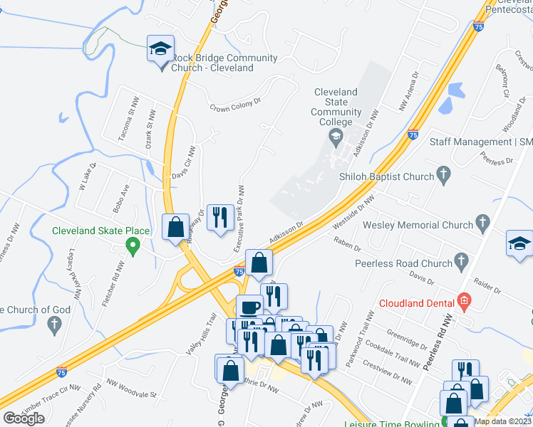 map of restaurants, bars, coffee shops, grocery stores, and more near 3001 Adkisson Drive in Cleveland