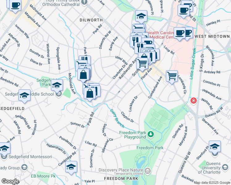 map of restaurants, bars, coffee shops, grocery stores, and more near 1317 Ordermore Avenue in Charlotte