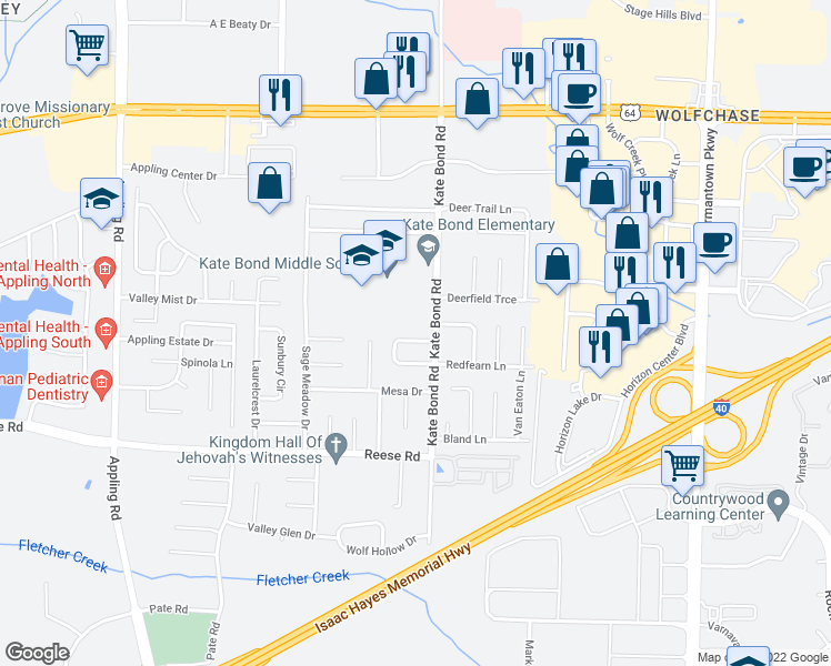 map of restaurants, bars, coffee shops, grocery stores, and more near 7786 Redfearn Circle North in Memphis