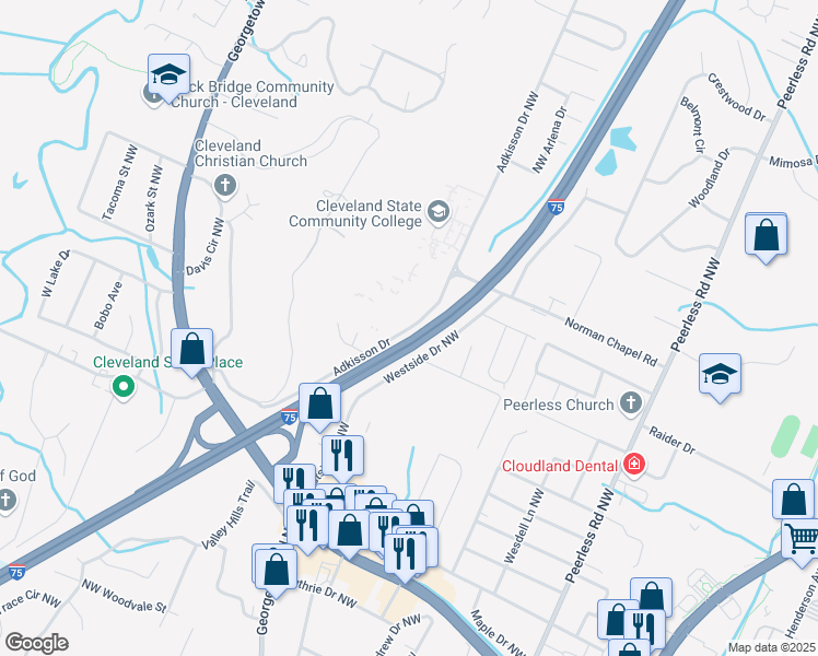 map of restaurants, bars, coffee shops, grocery stores, and more near 3005 Adkisson Drive in Cleveland