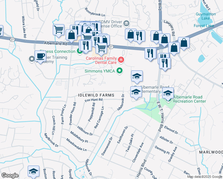 map of restaurants, bars, coffee shops, grocery stores, and more near 7509 Riding Trail Road in Charlotte