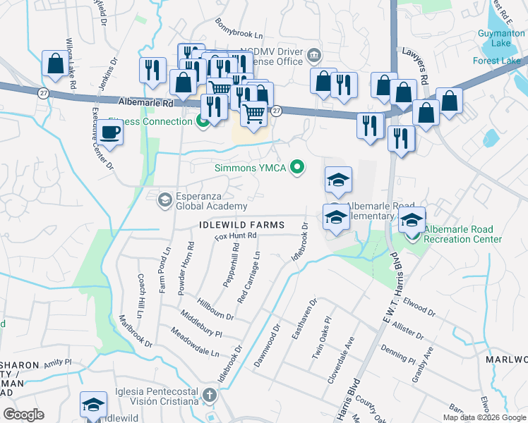 map of restaurants, bars, coffee shops, grocery stores, and more near 7441 Riding Trail Road in Charlotte