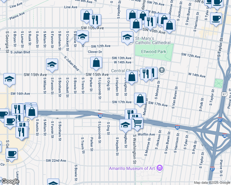 map of restaurants, bars, coffee shops, grocery stores, and more near 1612 South Hayden Street in Amarillo