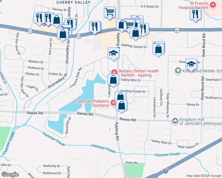 map of restaurants, bars, coffee shops, grocery stores, and more near 2645 Appling Road in Memphis