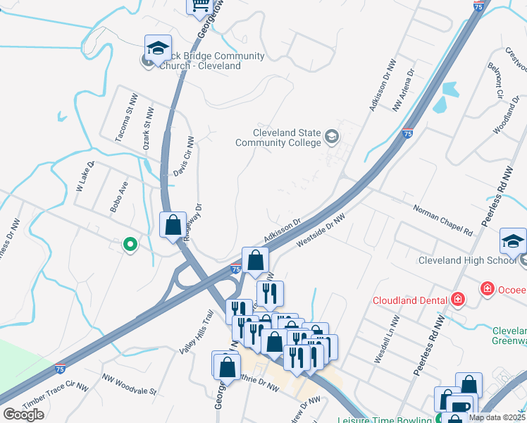 map of restaurants, bars, coffee shops, grocery stores, and more near 3001 Adkisson Drive in Cleveland