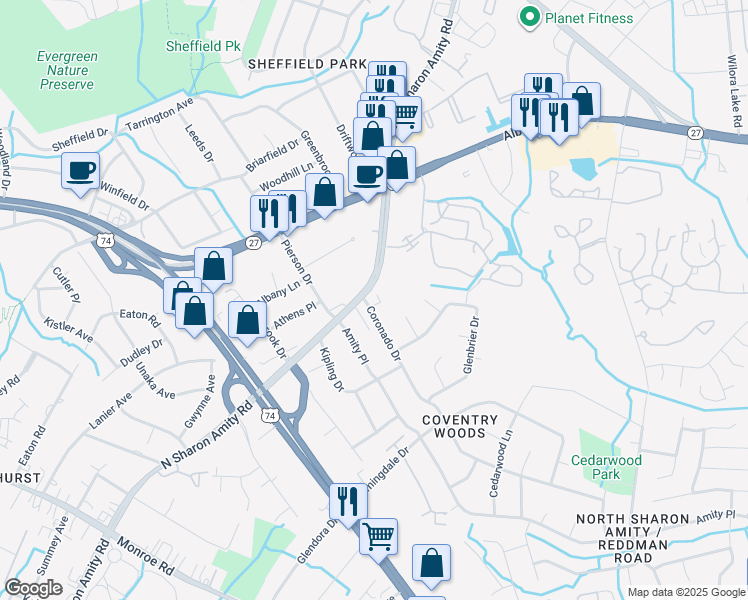map of restaurants, bars, coffee shops, grocery stores, and more near 4602 Coronado Drive in Charlotte