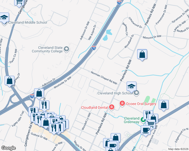 map of restaurants, bars, coffee shops, grocery stores, and more near 1215 Norman Chapel Road Northwest in Cleveland