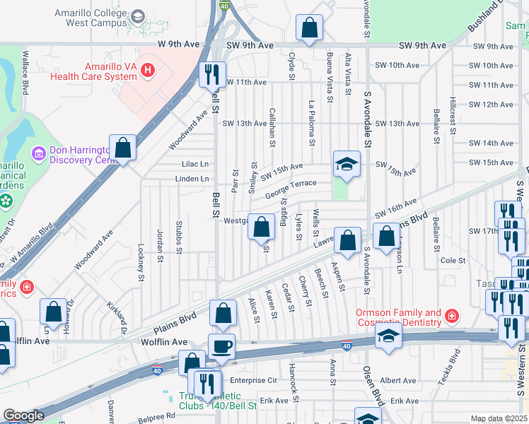 map of restaurants, bars, coffee shops, grocery stores, and more near 5408 Westgate Drive in Amarillo