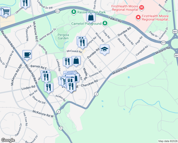 map of restaurants, bars, coffee shops, grocery stores, and more near 45 Everette Road in Pinehurst