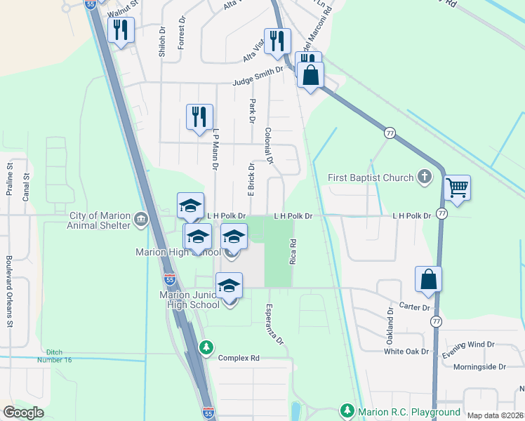 map of restaurants, bars, coffee shops, grocery stores, and more near 398 Springdale Drive in Marion