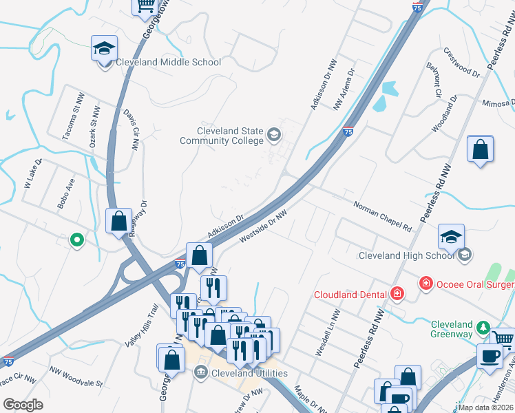 map of restaurants, bars, coffee shops, grocery stores, and more near Adkisson Drive in Cleveland