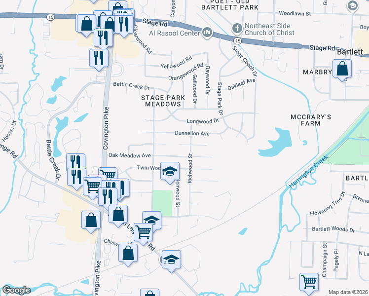 map of restaurants, bars, coffee shops, grocery stores, and more near 5229 Braidwood Cove in Memphis