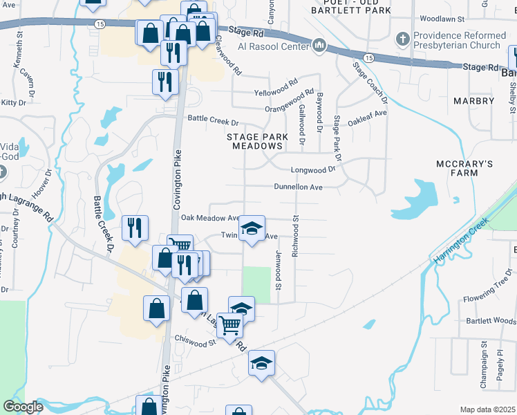map of restaurants, bars, coffee shops, grocery stores, and more near 5191 Kingswood Cove in Memphis