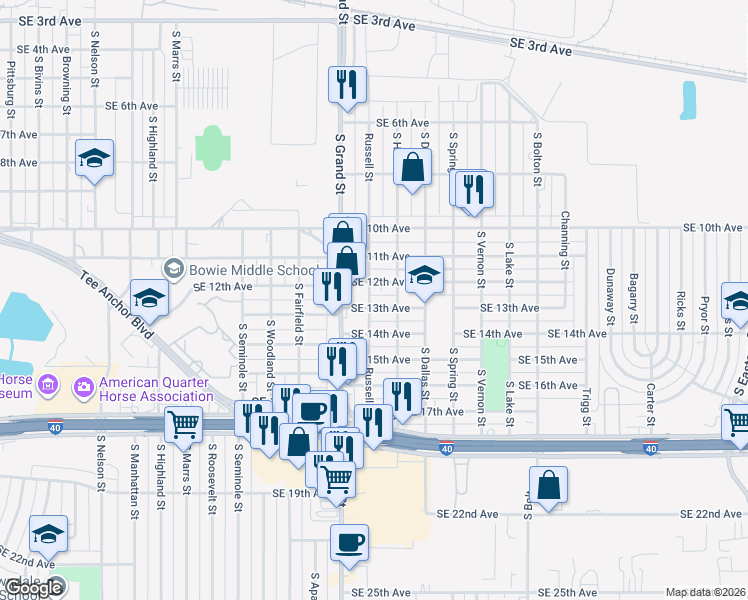 map of restaurants, bars, coffee shops, grocery stores, and more near 3601-3699 East 13th Avenue in Amarillo