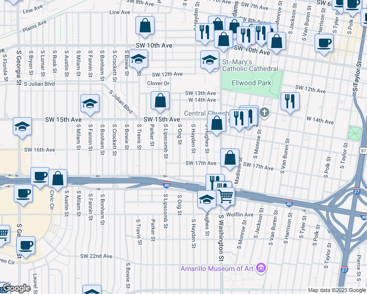 map of restaurants, bars, coffee shops, grocery stores, and more near 1614 South Hayden Street in Amarillo