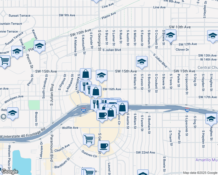 map of restaurants, bars, coffee shops, grocery stores, and more near 2400-2498 West 16th Avenue in Amarillo
