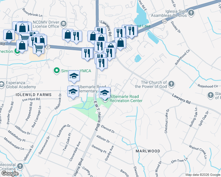 map of restaurants, bars, coffee shops, grocery stores, and more near in Charlotte
