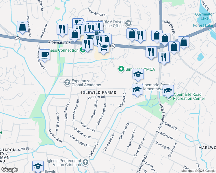 map of restaurants, bars, coffee shops, grocery stores, and more near in Charlotte