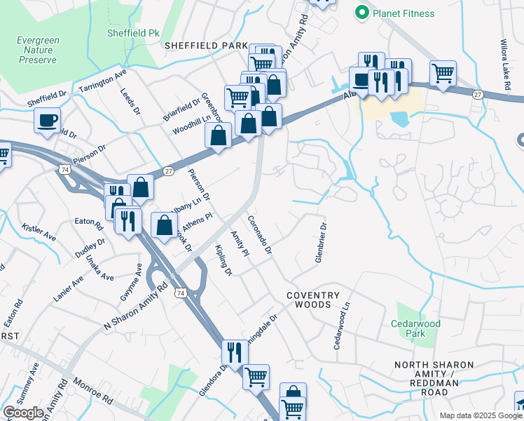 map of restaurants, bars, coffee shops, grocery stores, and more near 4700 Wildleaf Court in Charlotte