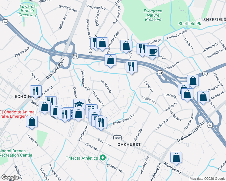 map of restaurants, bars, coffee shops, grocery stores, and more near in Charlotte