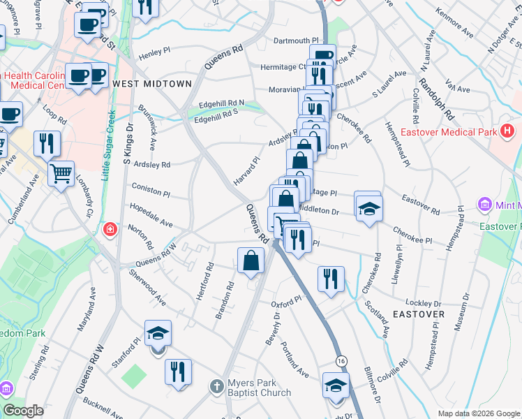 map of restaurants, bars, coffee shops, grocery stores, and more near 1301 Queens Road in Charlotte