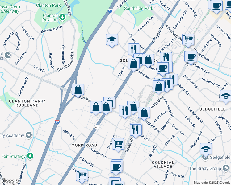map of restaurants, bars, coffee shops, grocery stores, and more near 3251 S Tryon St in Charlotte