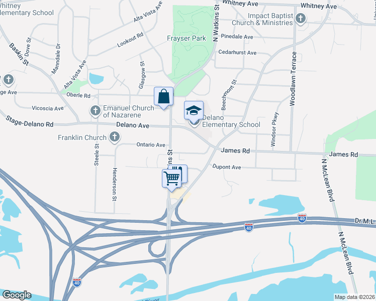 map of restaurants, bars, coffee shops, grocery stores, and more near 1740 Ontario Avenue in Memphis