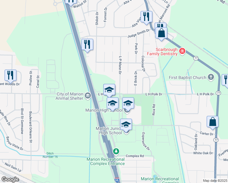 map of restaurants, bars, coffee shops, grocery stores, and more near 484 L P Mann Drive in Marion