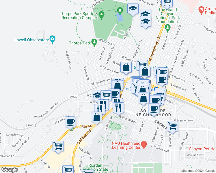 map of restaurants, bars, coffee shops, grocery stores, and more near 10 South Florence Street in Flagstaff