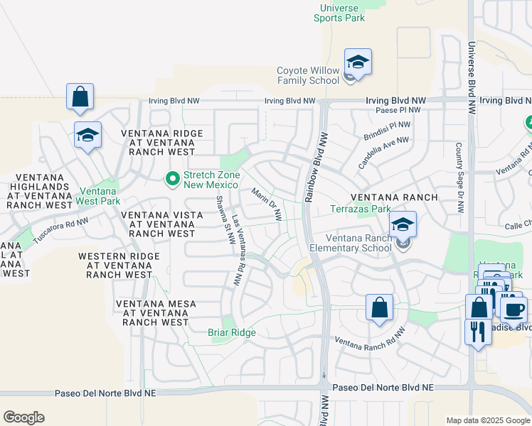 map of restaurants, bars, coffee shops, grocery stores, and more near 7409 Silverthorne Road Northwest in Albuquerque