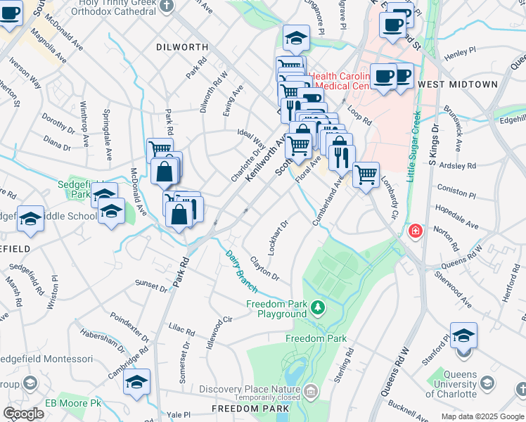 map of restaurants, bars, coffee shops, grocery stores, and more near 2128 Floral Avenue in Charlotte