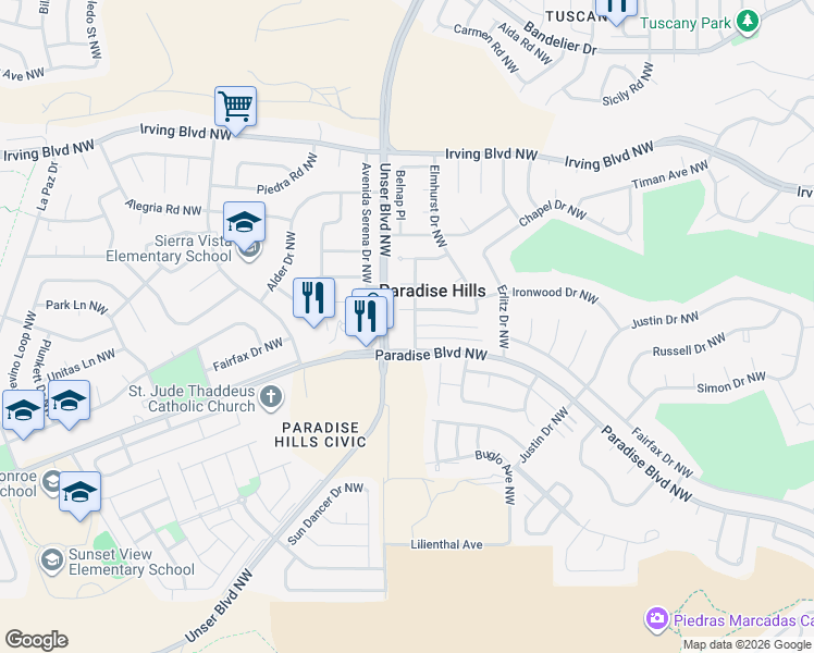 map of restaurants, bars, coffee shops, grocery stores, and more near in Albuquerque