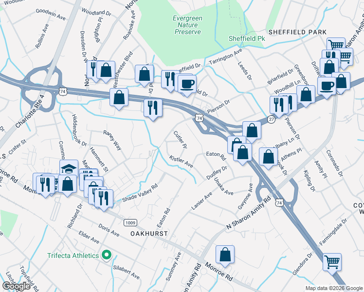 map of restaurants, bars, coffee shops, grocery stores, and more near 1020 Cutler Place in Charlotte
