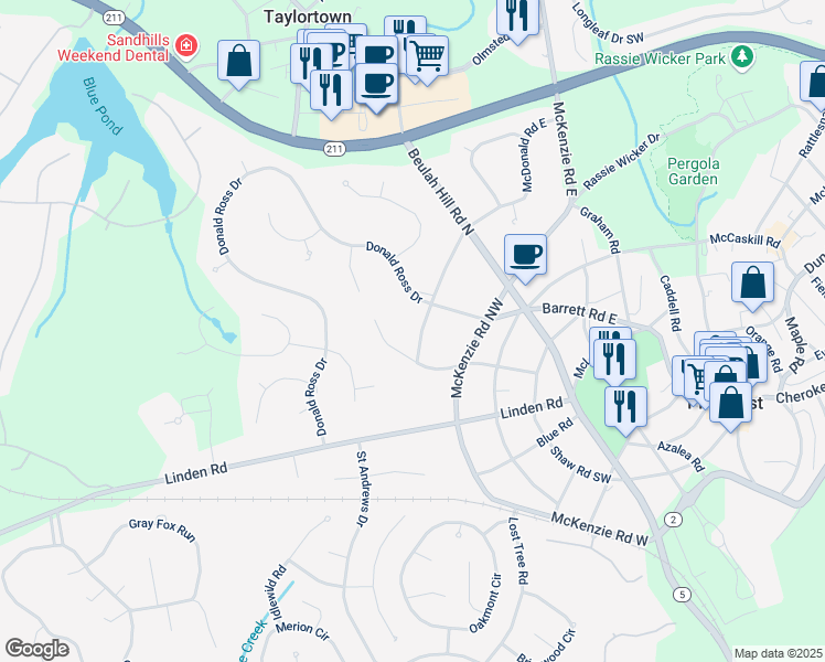 map of restaurants, bars, coffee shops, grocery stores, and more near 57 McDonald Road West in Pinehurst